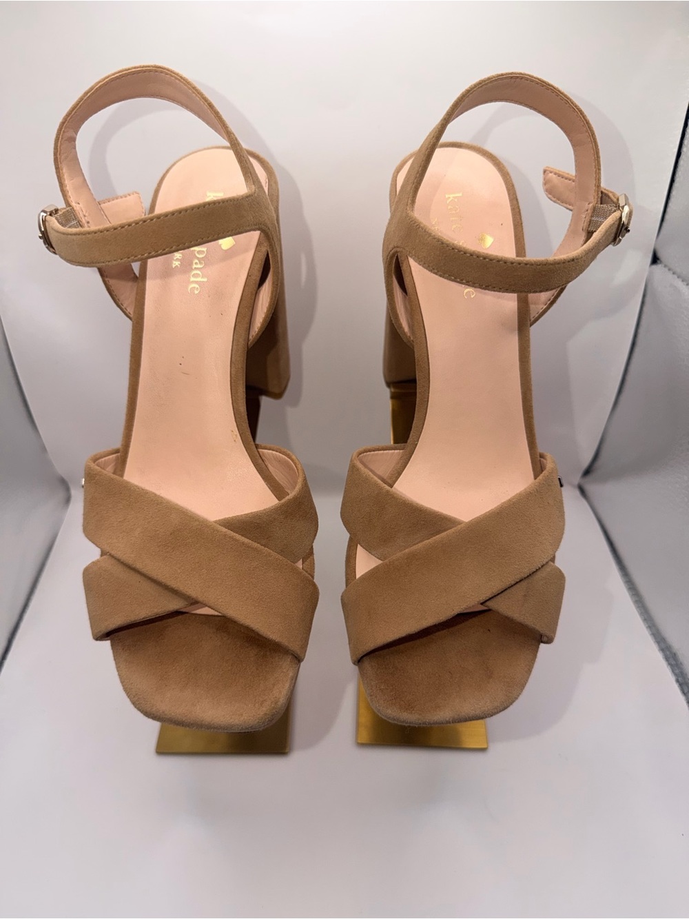 kate spade Tan Suede Crisscross Ankle Strap Block Heels